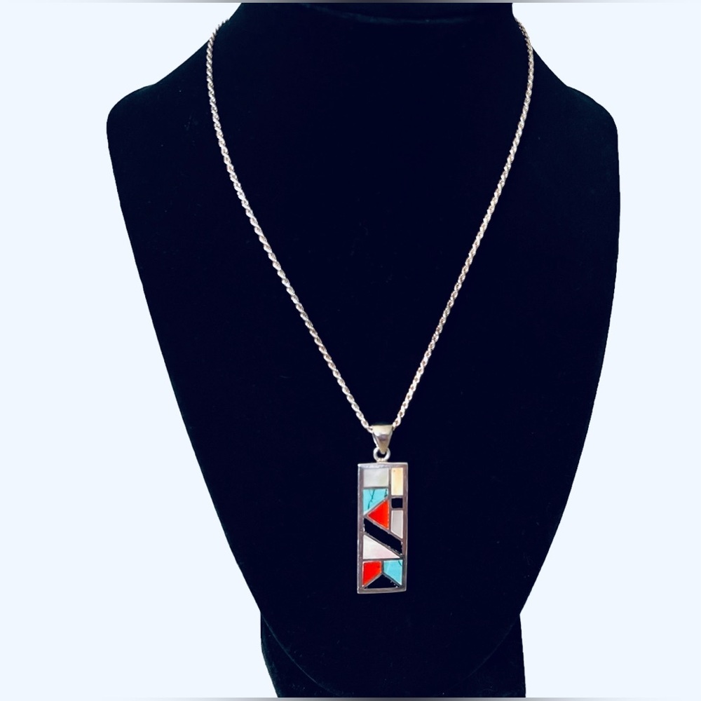 Native American Style Sterling Silver Multicolor Multi-Gemstone Inlay Necklace